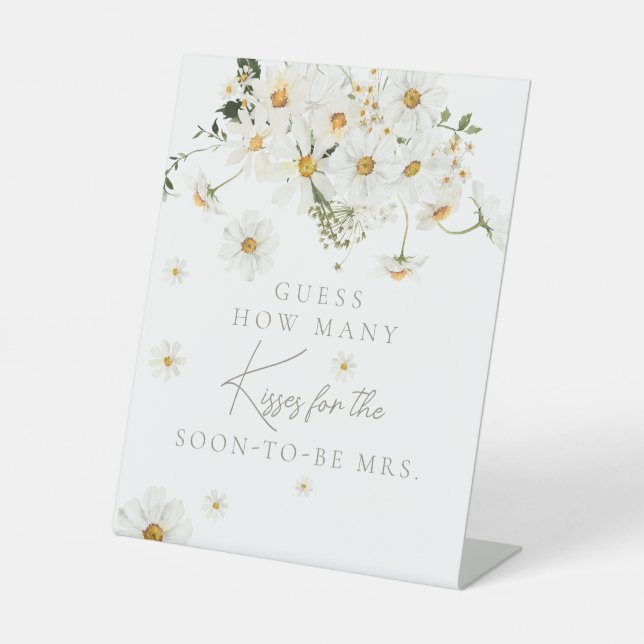 Daisy Boho Wildflower Modern Bridal Kisses Game Pedestal Sign (Front)