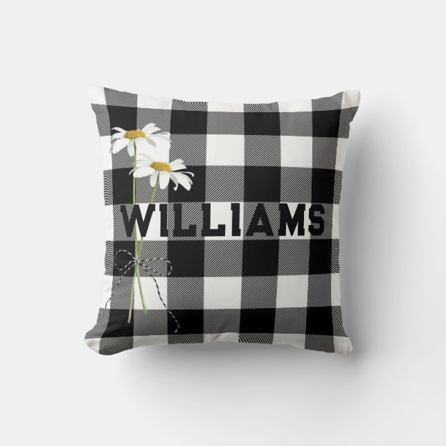 Daisy Bouquet and Name On Buffalo Plaid Throw Pillow (Front)