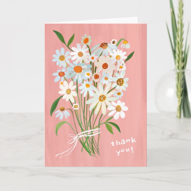 Daisy Bouquet Handpainted Gouache Blush Pink  Thank You Card (Front)