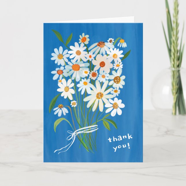 Daisy Bouquet Handpainted Gouache Flowers Blue Thank You Card (Front)