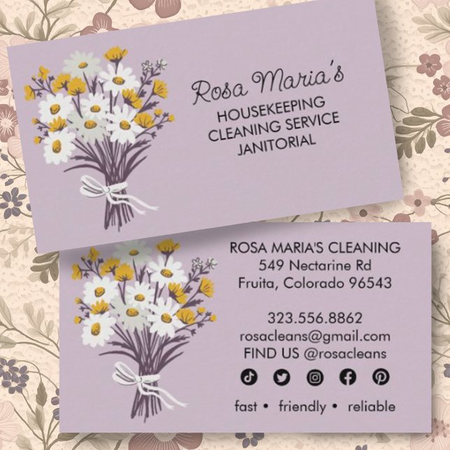Daisy Bouquet House Cleaning Service Social Icons Business Card (Daisy bouquet decorates this custom business card with social media icons)