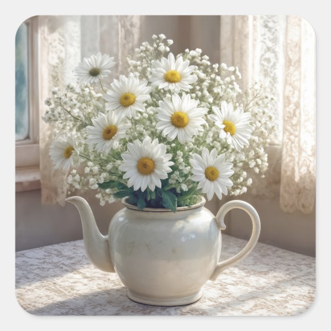 Daisy Bouquet in an Antique Teapot Square Sticker (Front)