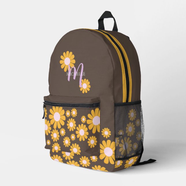 Daisy Brown Orange Boho Printed Backpack (Back Corner Right)