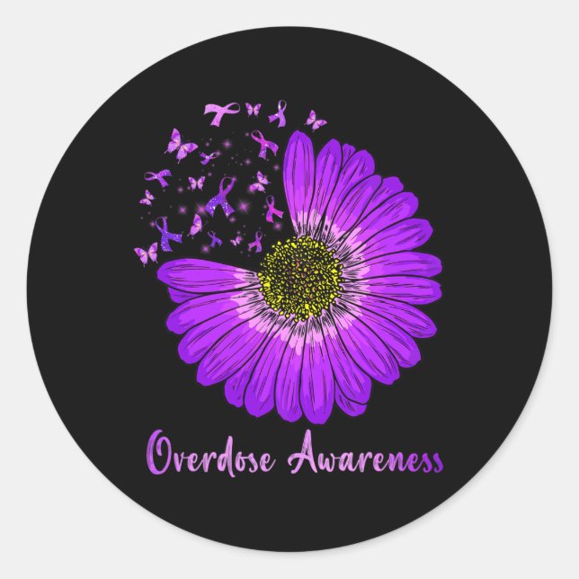 Daisy Butterfly Purple Ribbon Overdose Awareness 2 Classic Round Sticker