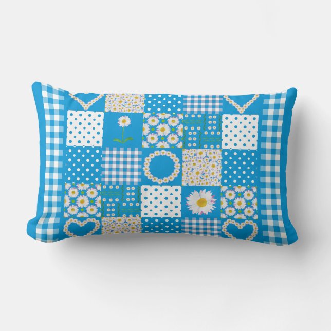 Daisy Chain Hearts Faux Patchwork on Sky Blue Lumbar Pillow (Front)