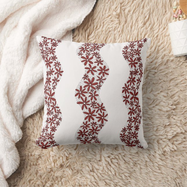 Daisy Chain Wiggly Flower Stripes red Throw Pillow (Blanket)