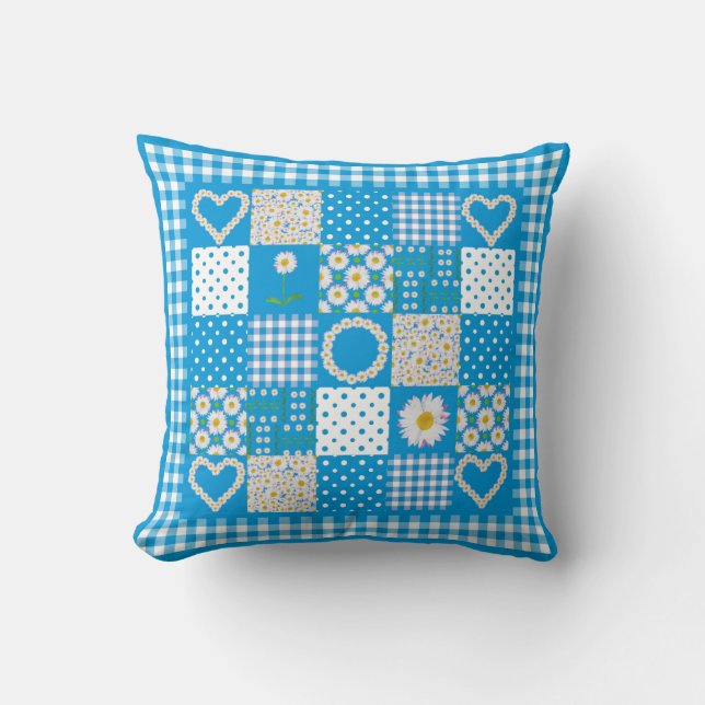 Daisy Chains Faux Patchwork, Check Gingham Throw Pillow (Front)