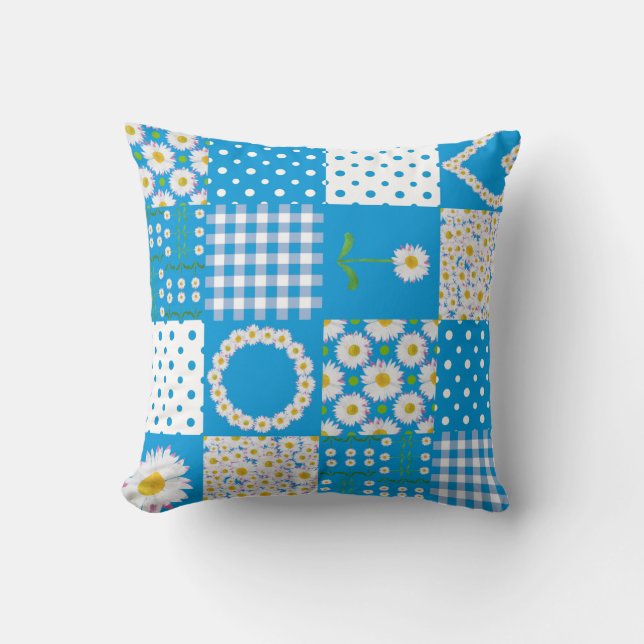 Daisy Chains Faux Patchwork, Stripes, Polka Dots Throw Pillow (Front)