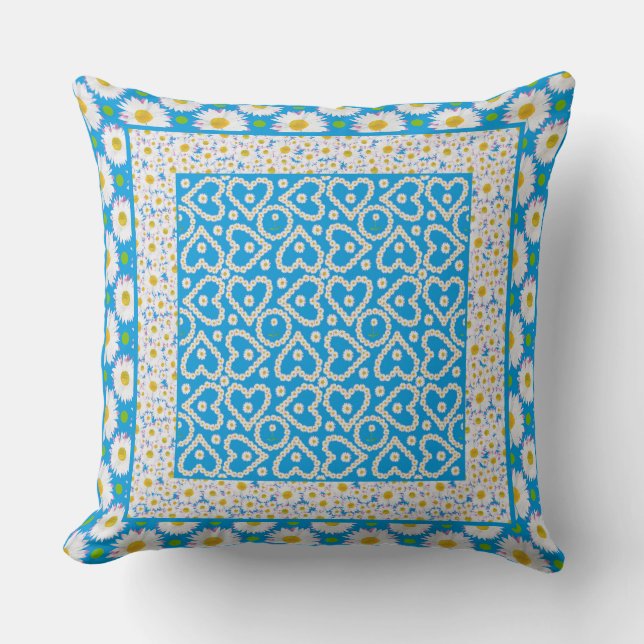Daisy Chains Mix'n'match Patterns on Sky Blue Throw Pillow (Front)