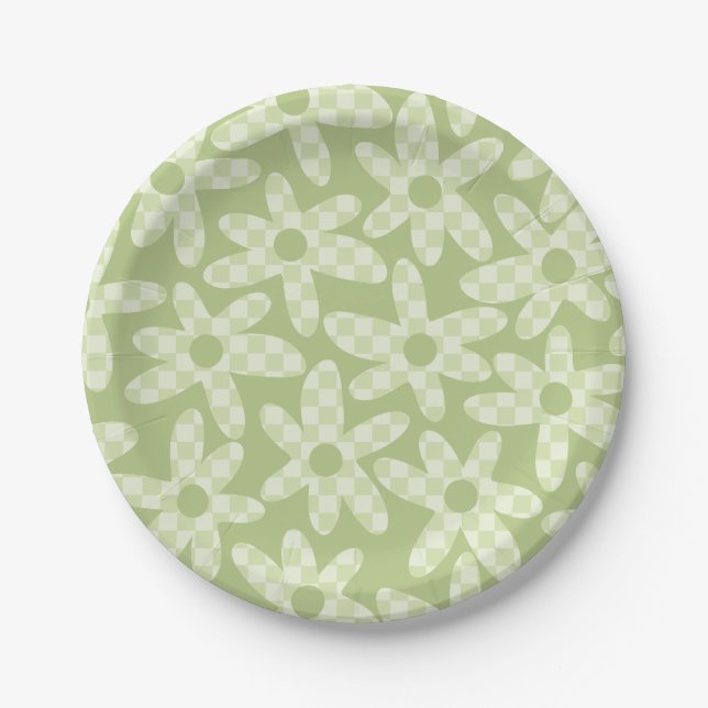 Daisy Check Sage Green Retro Modern Pattern Paper Plate (Front)