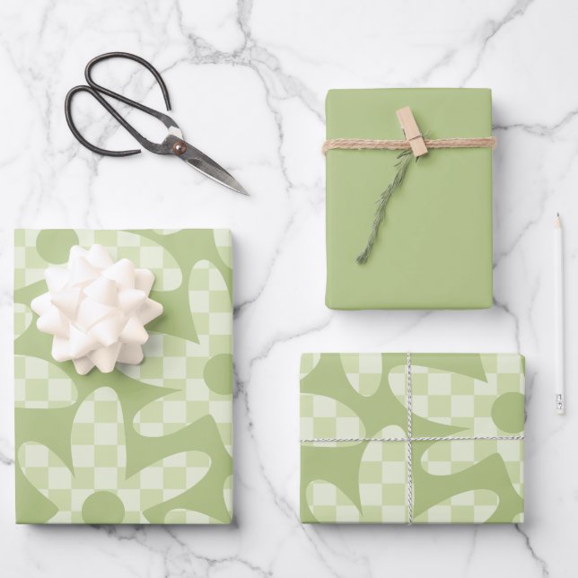 Daisy Check Sage Green Retro Modern Pattern Wrapping Paper Sheet (Front)