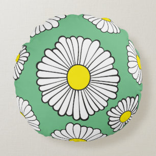 Daisy Circle on Green Round Pillow