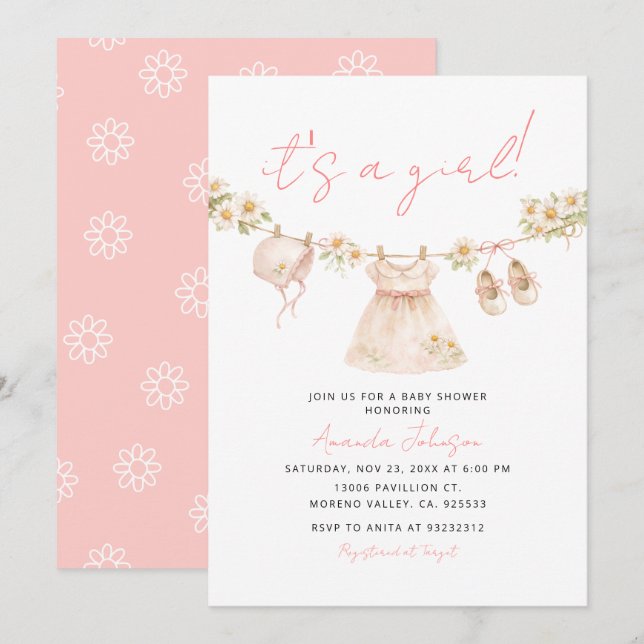 Daisy Clothesline Baby Girl Shower Invite (Front/Back)
