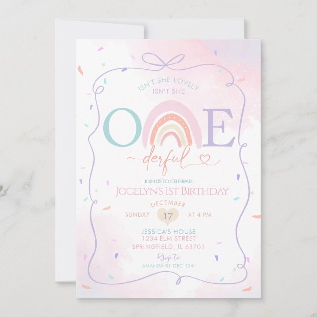 Daisy Colourful Handdrawn 1st Birthday Rainbow Boh Invitation (Front)