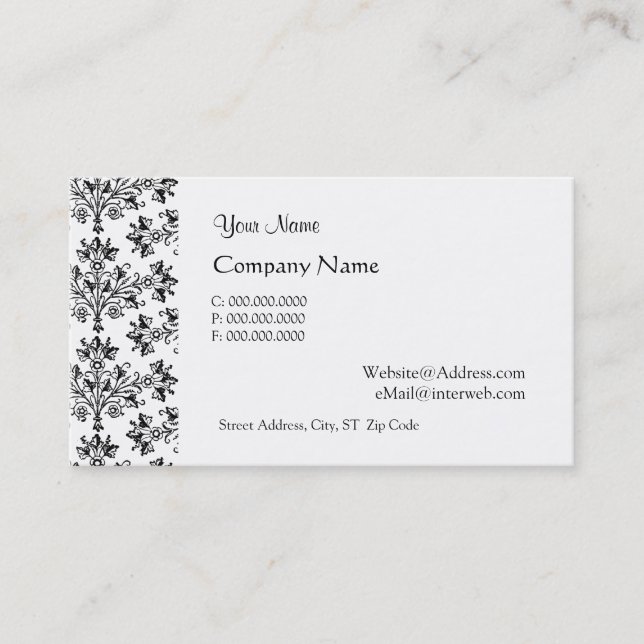 Daisy Damask Black White Custom Business Cards (Front)