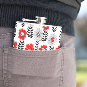 Daisy doodles in red and black hip flask