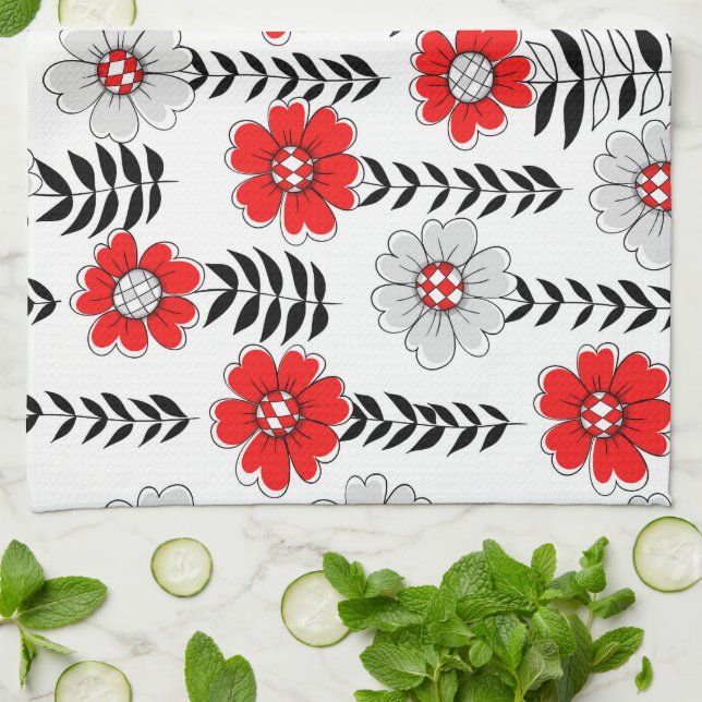 Daisy doodles  in red and black kitchen towel (Folded)