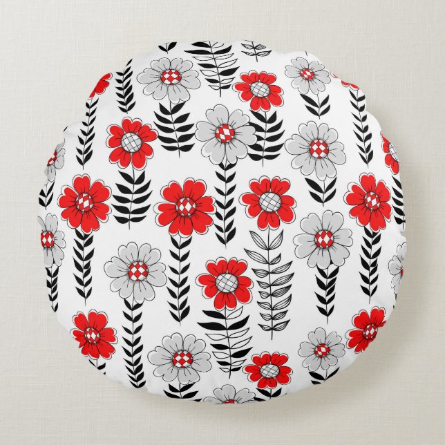 Daisy doodles  in red and black round pillow (Front)