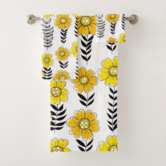 Daisy doodles  in yellow and black bath towel set (Insitu)