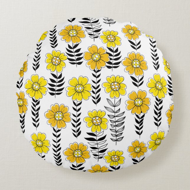 Daisy doodles  in yellow and black round pillow (Front)