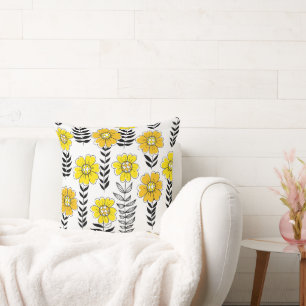 Daisy doodles  in yellow and black throw pillow