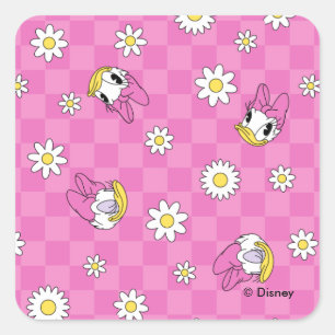 Daisy Duck Pink Checker Floral Pattern Square Sticker