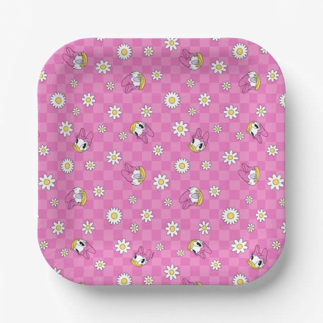 Daisy Duck Pink Chequered Floral Pattern Paper Plate (Front)