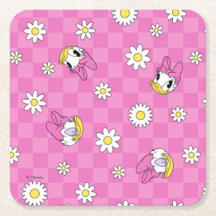 Daisy Duck Pink Chequered Floral Pattern Square Paper Coaster