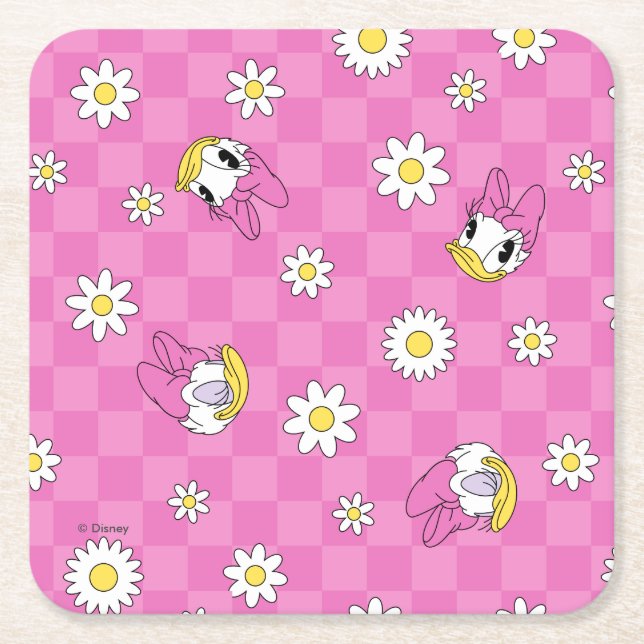 Daisy Duck Pink Chequered Floral Pattern Square Paper Coaster (Front)