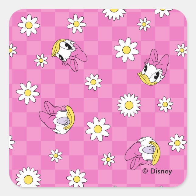 Daisy Duck Pink Chequered Floral Pattern Square Sticker (Front)
