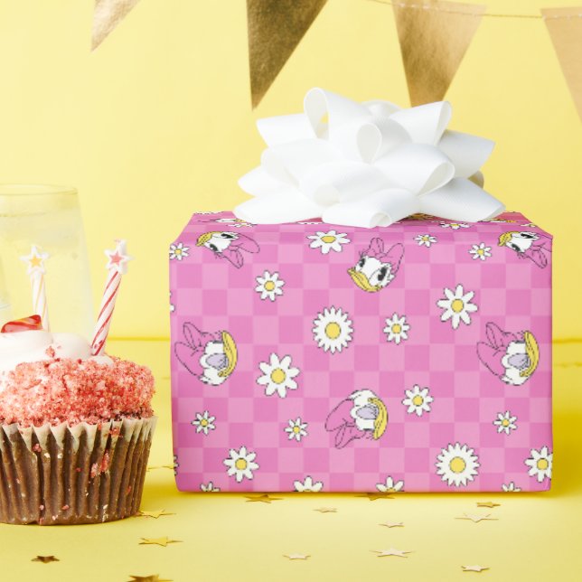 Daisy Duck Pink Chequered Floral Pattern Wrapping Paper (Birthday Party)