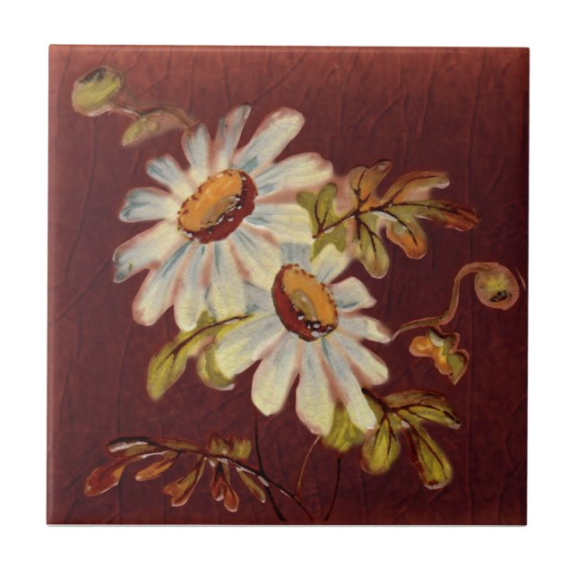 Daisy Duo Barbotine Terracotta Color Antique Repro Tile (Front)