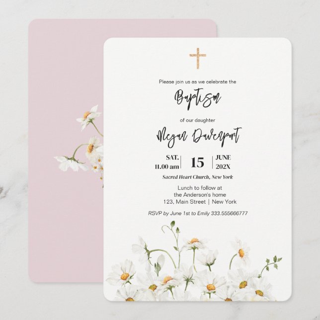 Daisy élégante fille Baptême Invitation (Devant / Derrière)