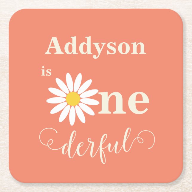 Daisy First Birthday Square Paper Coaster (Front)