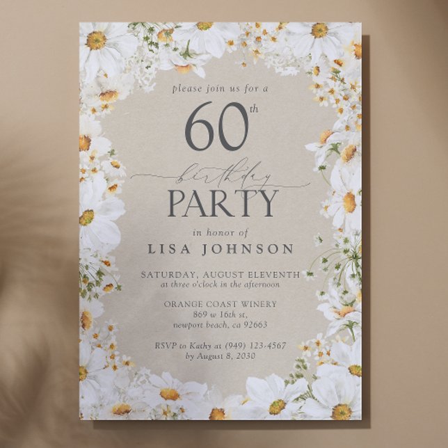 Daisy Floral 60th Birthday Party Vintage Invitation (Easily personalize this daisy birthday invitation for a very special birthday celebration!)