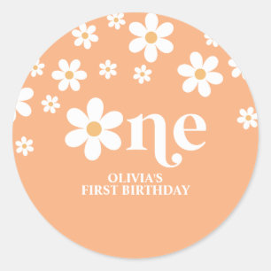 Daisy floral apricot 1st birthday classic round sticker
