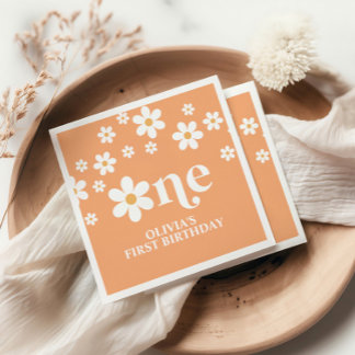 Daisy floral apricot 1st birthday napkin