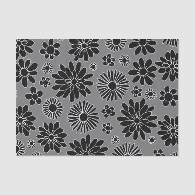 Daisy Floral Black and Grey Pattern Tissue Paper (Front)