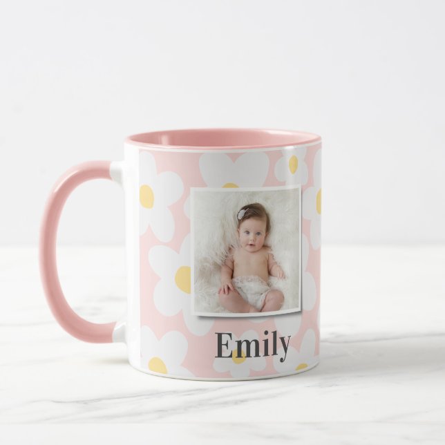 Daisy floral boho retro photo girly pink yellow mug (Left)