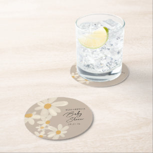 Daisy Floral Brown Baby Shower Round Paper Coaster