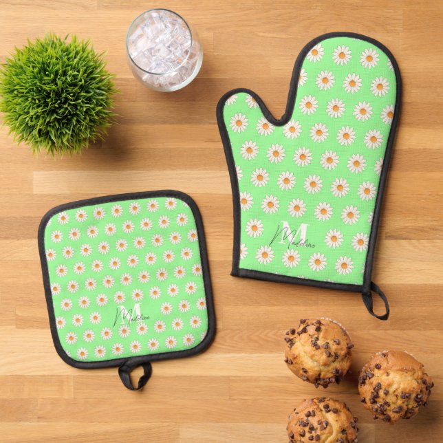 Daisy Floral Oven Mitt & Pot Holder Set (Top Down)