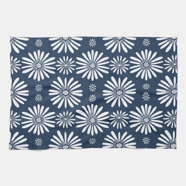 Daisy FLoral  Pattern Blue White Kitchen Towel (Horizontal)
