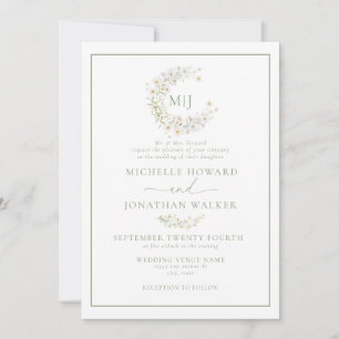 Daisy Floral Wreath Formal Elegant Script  Wedding Invitation