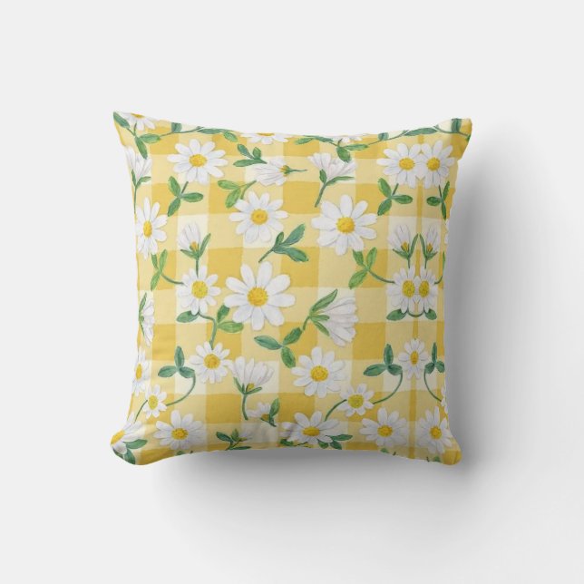 Daisy Floral Yellow Gingham Throw Pillow – Vintage (Front)