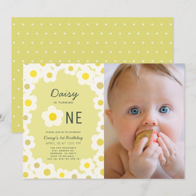 Daisy Floral Yellow Photo 1st Birthday Invitation (Front/Back)