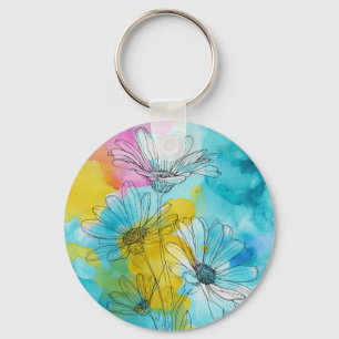 Daisy Flower Aluminum Circle Keychain Gift