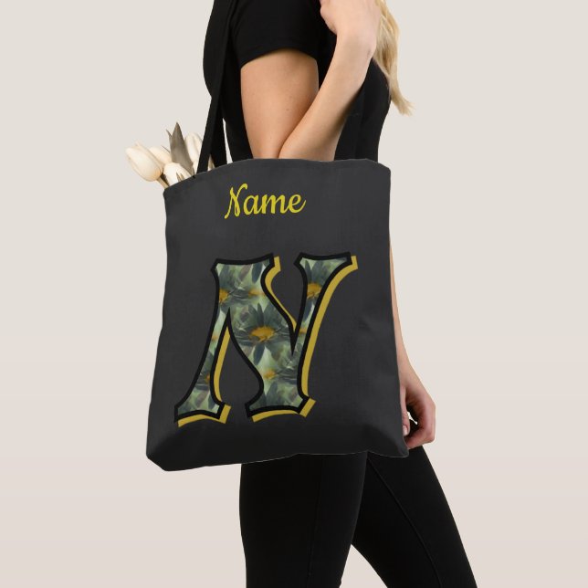 Daisy Flower Art Monogram Initial N Personalized Tote Bag (Close Up)