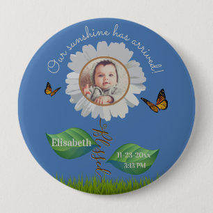Daisy flower birth announcement personalized photo 4 inch round button