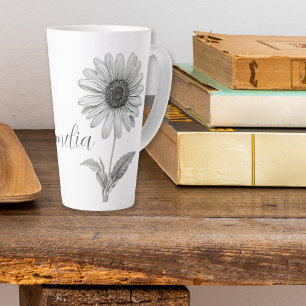 Daisy Flower Black and White Name Latte Mug