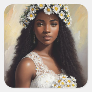Daisy Flower Black Woman Floral Art Square Sticker